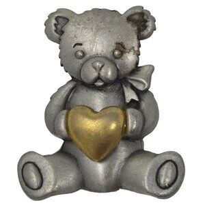 Vintage JJ Pewter Teddy Bear Brooch with Gold Heart 1980s Pin